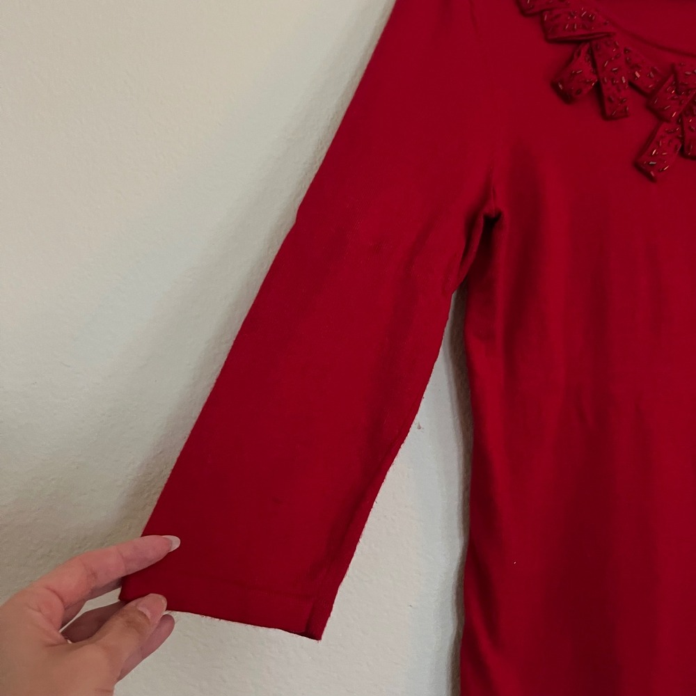 Jones New York Signature Red Beaded Bow Knit Top 3/4 Sleeve Size M - Picture 5 of 11